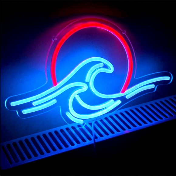 Ocean Wave Sunset Neon Blue Red Light Bedroom Outdoor Indoor Japanese Wall Decor - Picture 3 of 7
